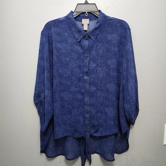 Chico's women's button-down top blouse size 3 XL blue sheer - Picture 1 of 7